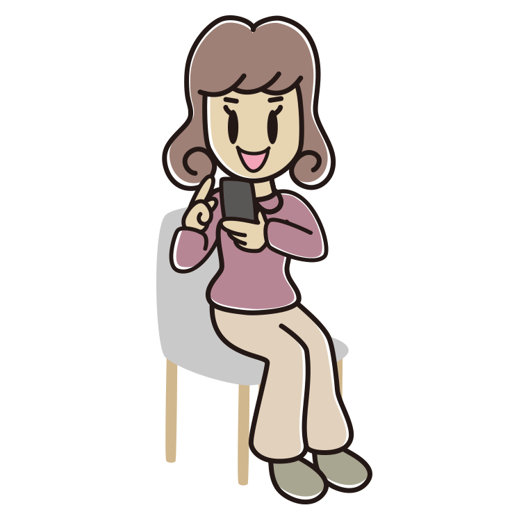 椅子でスマホを使う女子大学生のイラスト【色あり、背景なし】透過PNG