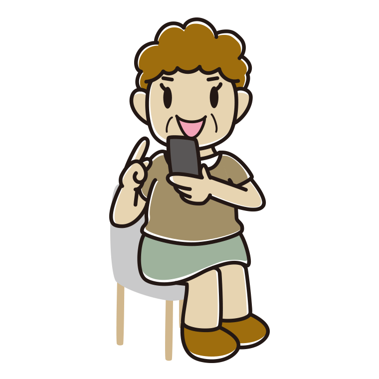 椅子でスマホを使うおばさんのイラスト【色あり、背景なし】透過PNG