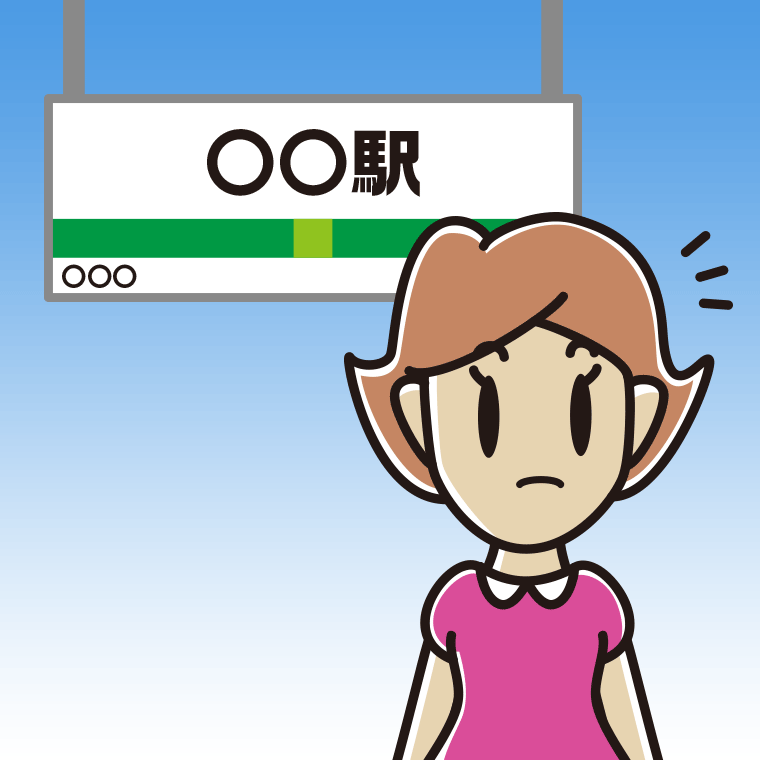 駅のホームで何かに気付く女性のイラスト【色、背景あり】PNG