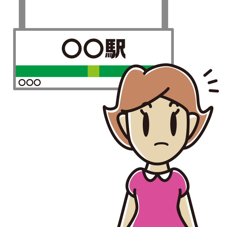 駅のホームで何かに気付く女性のイラスト【色あり、背景なし】透過PNG