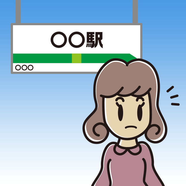 駅のホームで何かに気付く女子大学生のイラスト【色、背景あり】PNG