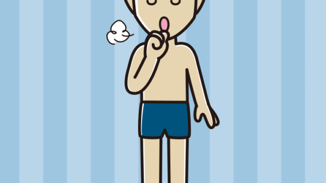 咳払いするスクール水着の男性のイラスト【色、背景あり】PNG