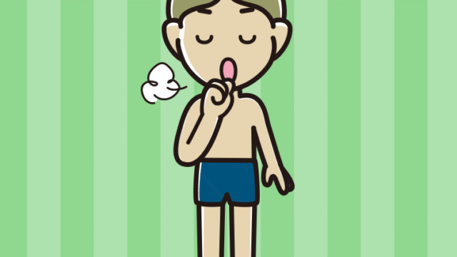 咳払いするスクール水着の小学生男子のイラスト【色、背景あり】PNG