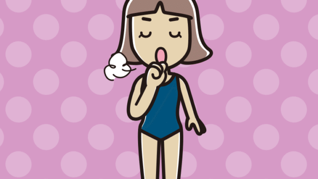 咳払いするスクール水着の小学生女子のイラスト【色、背景あり】PNG