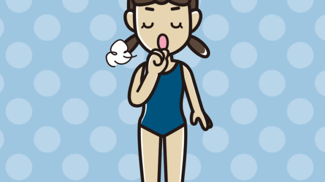 咳払いするスクール水着の女子中学生のイラスト【色、背景あり】PNG