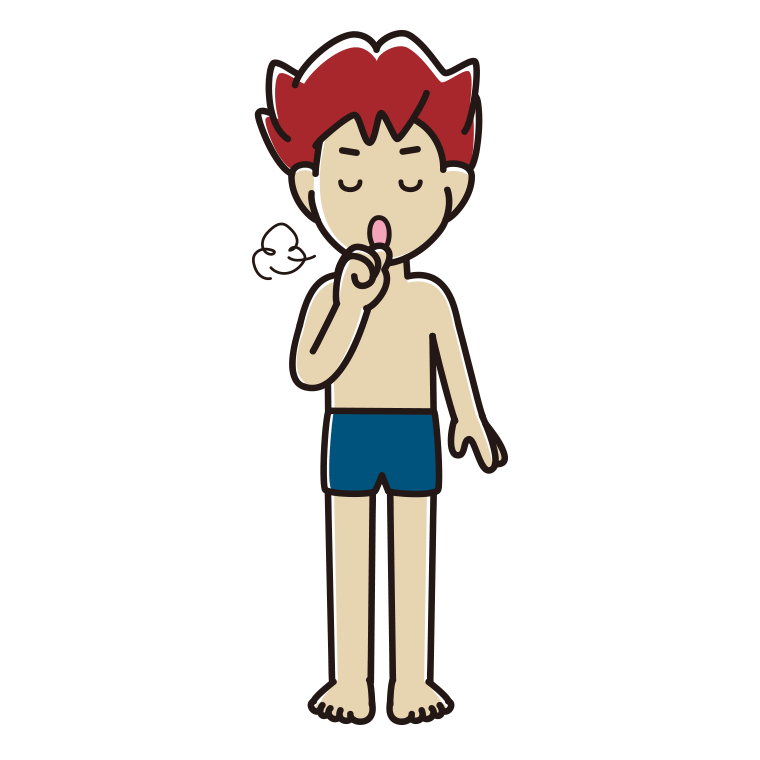 咳払いするスクール水着の男子大学生のイラスト【色あり、背景なし】透過PNG