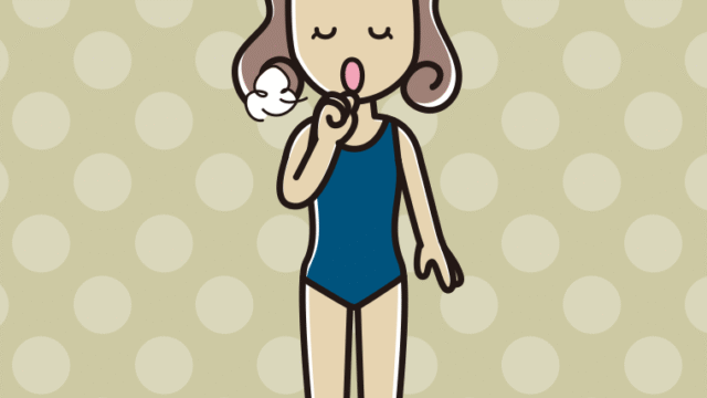 咳払いするスクール水着の女子大学生のイラスト【色、背景あり】PNG