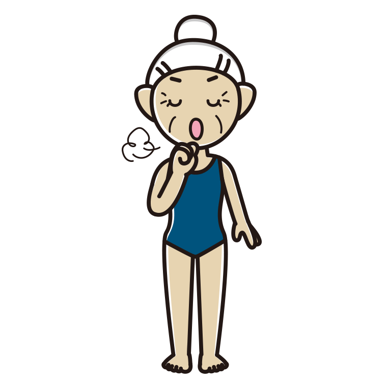 咳払いするスクール水着のおばあさんのイラスト【色あり、背景なし】透過PNG