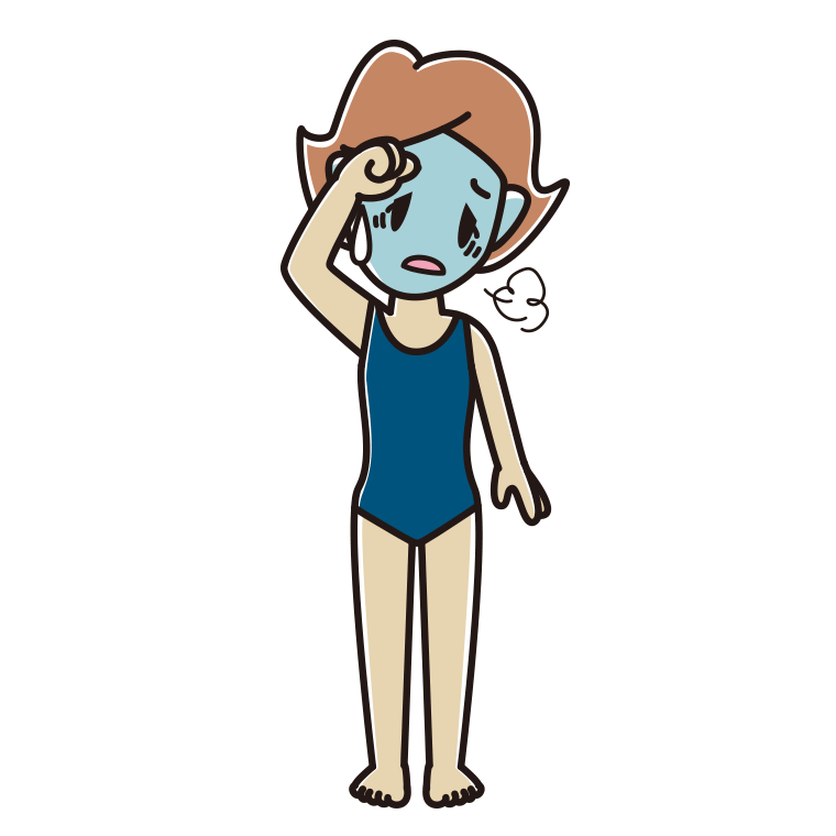 具合が悪いスクール水着の女性のイラスト【色あり、背景なし】透過PNG