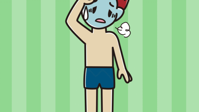 具合が悪いスクール水着の男子大学生のイラスト【色、背景あり】PNG