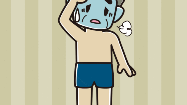 具合が悪いスクール水着のおじさんのイラスト【色、背景あり】PNG