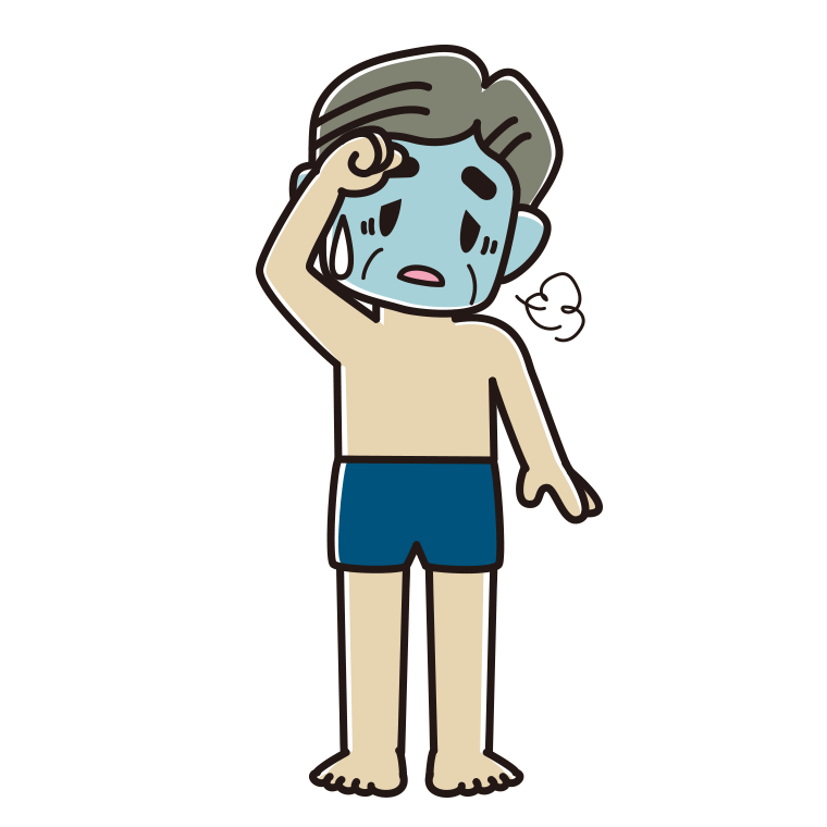 具合が悪いスクール水着のおじさんのイラスト【色あり、背景なし】透過PNG