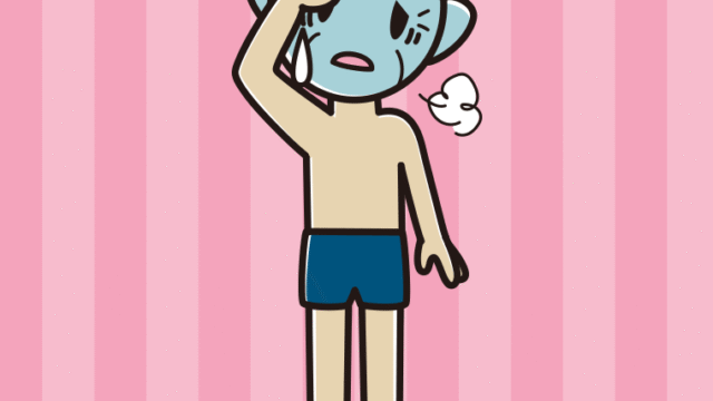 具合が悪いスクール水着のおじいさんのイラスト【色、背景あり】PNG