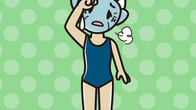 具合が悪いスクール水着のおばあさんのイラスト【色、背景あり】PNG