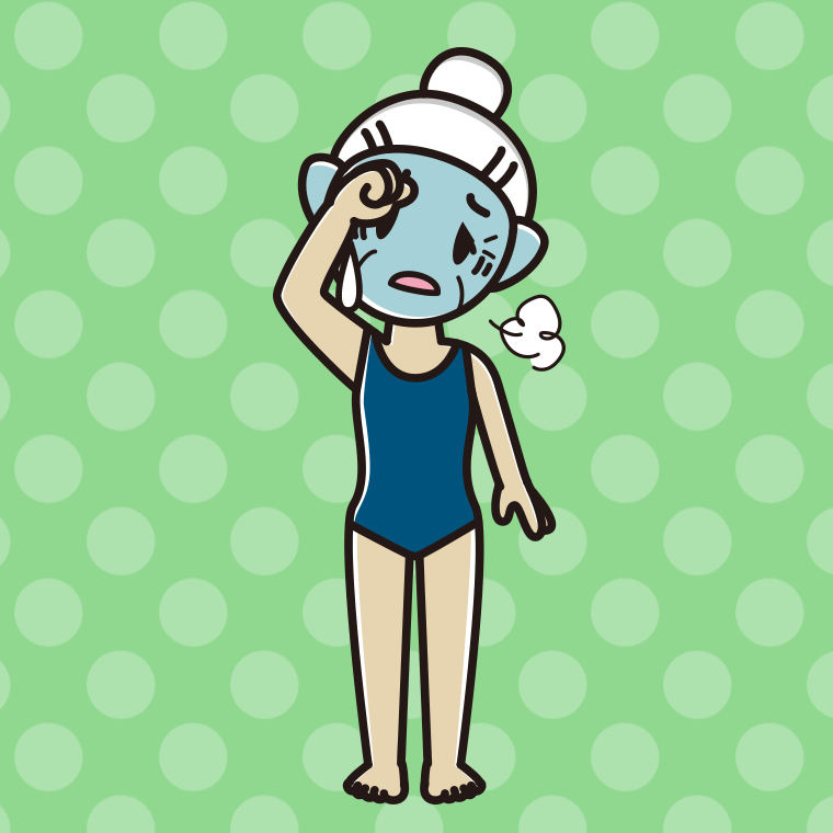 具合が悪いスクール水着のおばあさんのイラスト【色、背景あり】PNG
