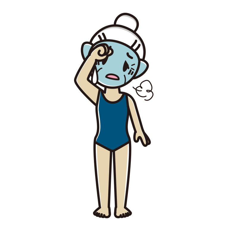 具合が悪いスクール水着のおばあさんのイラスト【色あり、背景なし】透過PNG