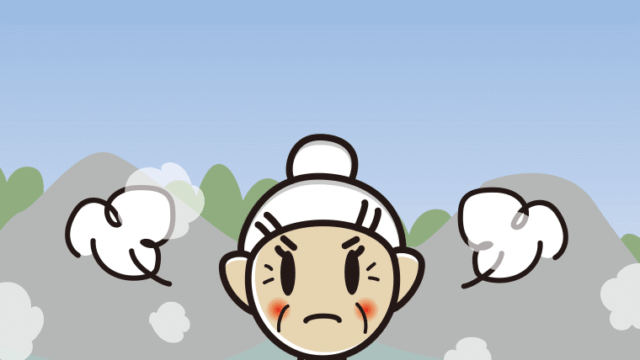 温泉で怒るおばあさんのイラスト【色、背景あり】PNG