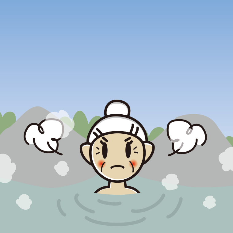 温泉で怒るおばあさんのイラスト【色、背景あり】PNG