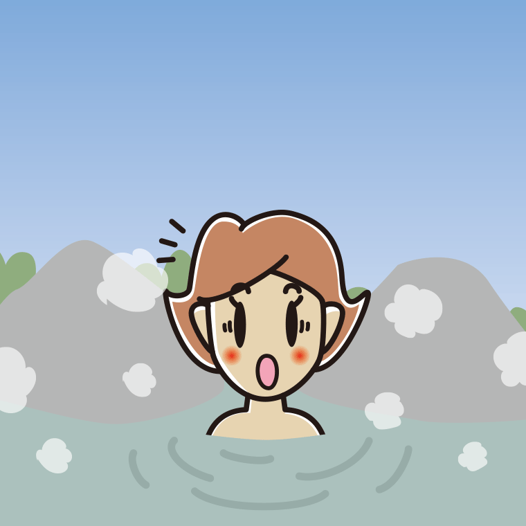 温泉で驚く女性のイラスト【色、背景あり】PNG