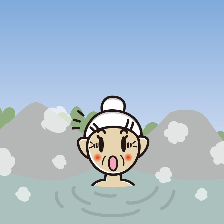 温泉で驚くおばあさんのイラスト【色、背景あり】PNG