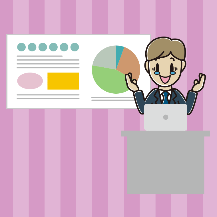 プレゼンでジーンとする男性会社員のイラスト【色、背景あり】PNG