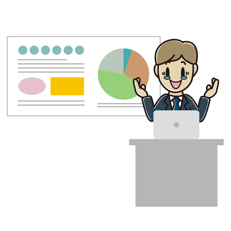 プレゼンでジーンとする男性会社員のイラスト【色あり、背景なし】透過PNG