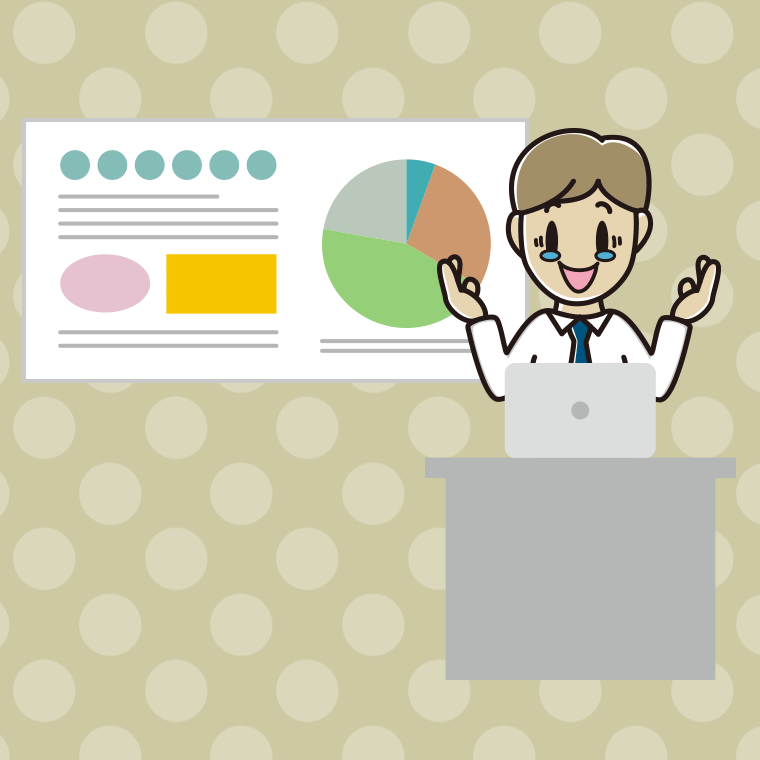 プレゼンでジーンとする男性会社員（ワイシャツ）のイラスト【色、背景あり】PNG