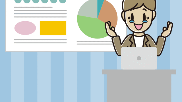 プレゼンでジーンとする男性会社員（カジュアル）のイラスト【色、背景あり】PNG