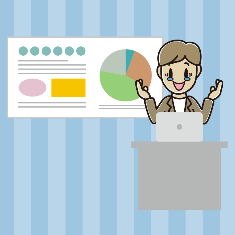 プレゼンでジーンとする男性会社員（カジュアル）のイラスト【色、背景あり】PNG