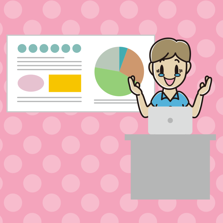 プレゼンでジーンとする男性会社員（クールビズ）のイラスト【色、背景あり】PNG