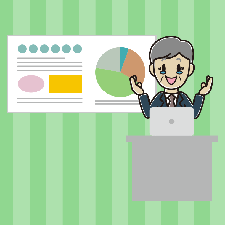 プレゼンでジーンとする年配男性会社員のイラスト【色、背景あり】PNG