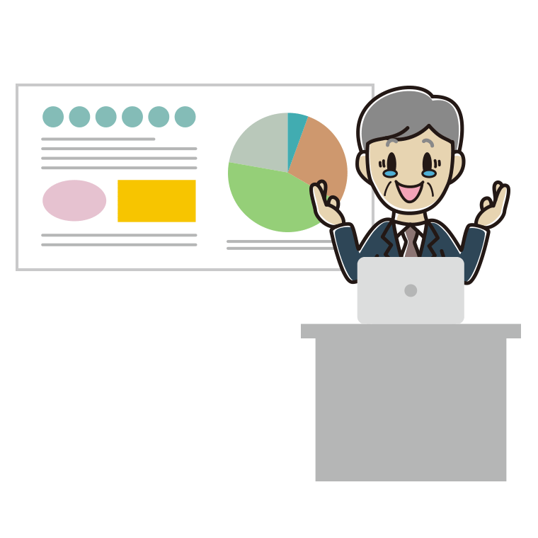 プレゼンでジーンとする年配男性会社員のイラスト【色あり、背景なし】透過PNG