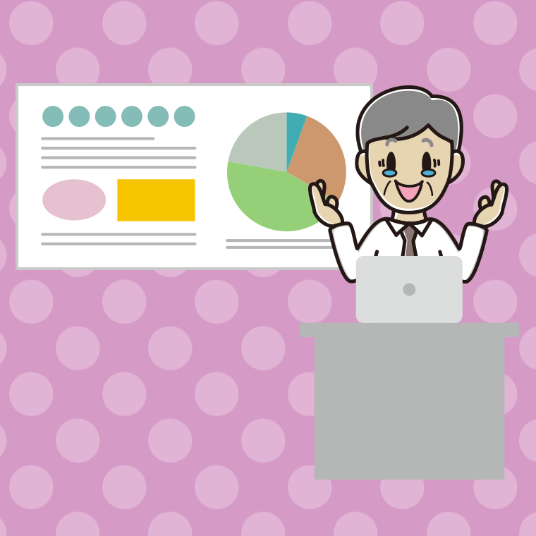 プレゼンでジーンとする年配男性会社員（ワイシャツ）のイラスト【色、背景あり】PNG