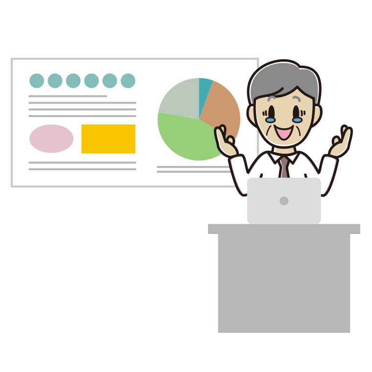 プレゼンでジーンとする年配男性会社員（ワイシャツ）のイラスト【色あり、背景なし】透過PNG