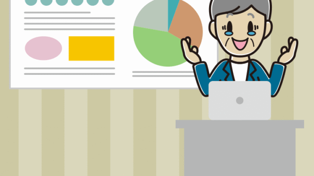 プレゼンでジーンとする年配男性会社員（カジュアル）のイラスト【色、背景あり】PNG