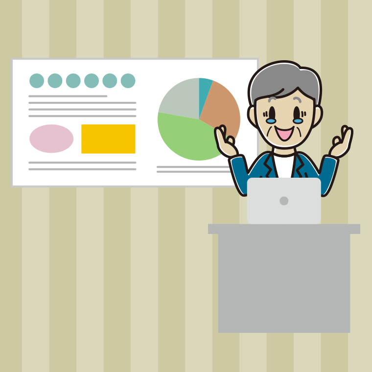 プレゼンでジーンとする年配男性会社員（カジュアル）のイラスト【色、背景あり】PNG