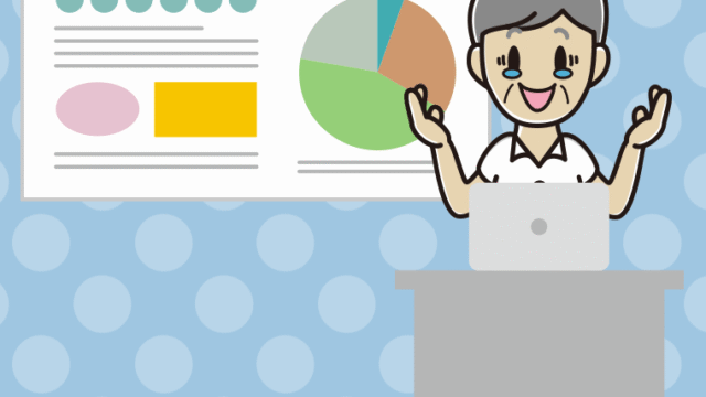 プレゼンでジーンとする年配男性会社員（クールビズ）のイラスト【色、背景あり】PNG