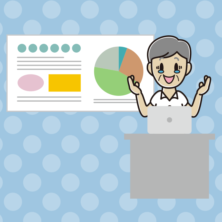 プレゼンでジーンとする年配男性会社員（クールビズ）のイラスト【色、背景あり】PNG