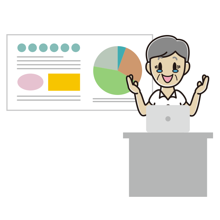 プレゼンでジーンとする年配男性会社員（クールビズ）のイラスト【色あり、背景なし】透過PNG