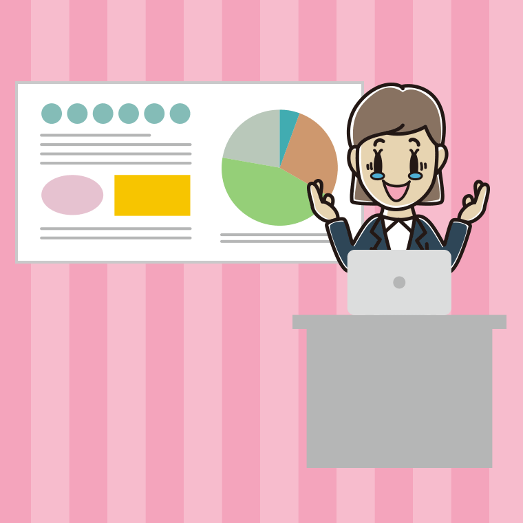 プレゼンでジーンとする女性会社員のイラスト【色、背景あり】PNG