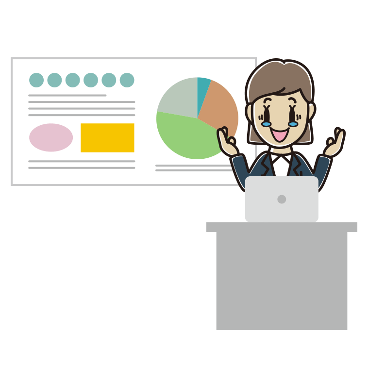 プレゼンでジーンとする女性会社員のイラスト【色あり、背景なし】透過PNG