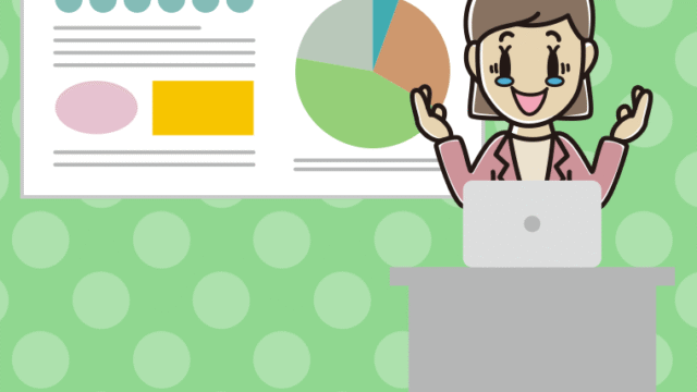 プレゼンでジーンとする女性会社員（カジュアル）のイラスト【色、背景あり】PNG