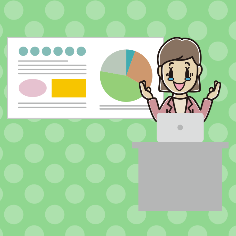 プレゼンでジーンとする女性会社員（カジュアル）のイラスト【色、背景あり】PNG