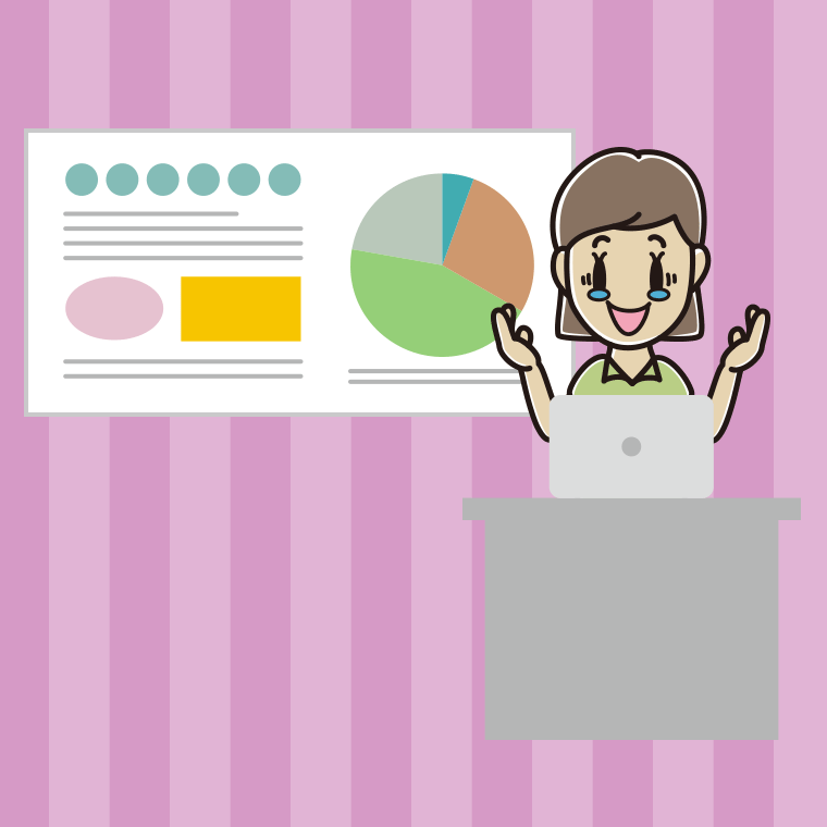 プレゼンでジーンとする女性会社員（クールビズ）のイラスト【色、背景あり】PNG