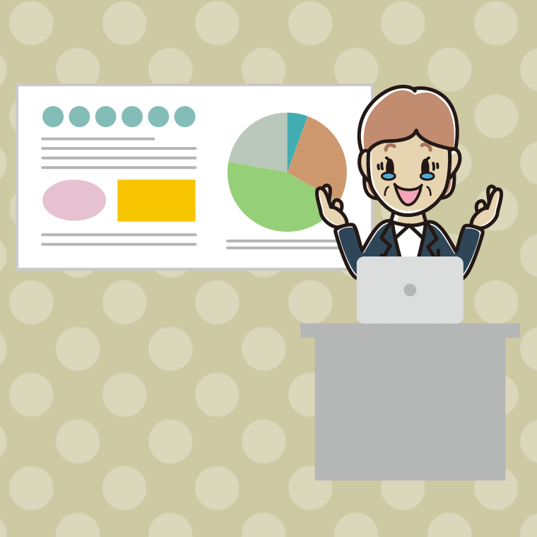 プレゼンでジーンとする年配女性会社員のイラスト【色、背景あり】PNG