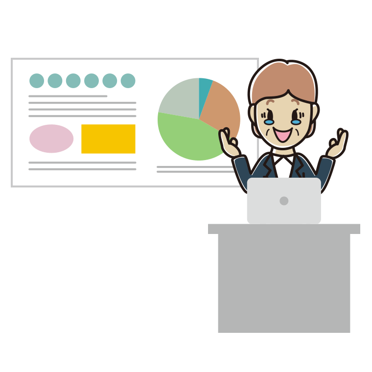 プレゼンでジーンとする年配女性会社員のイラスト【色あり、背景なし】透過PNG