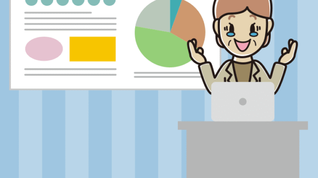 プレゼンでジーンとする年配女性会社員（カジュアル）のイラスト【色、背景あり】PNG