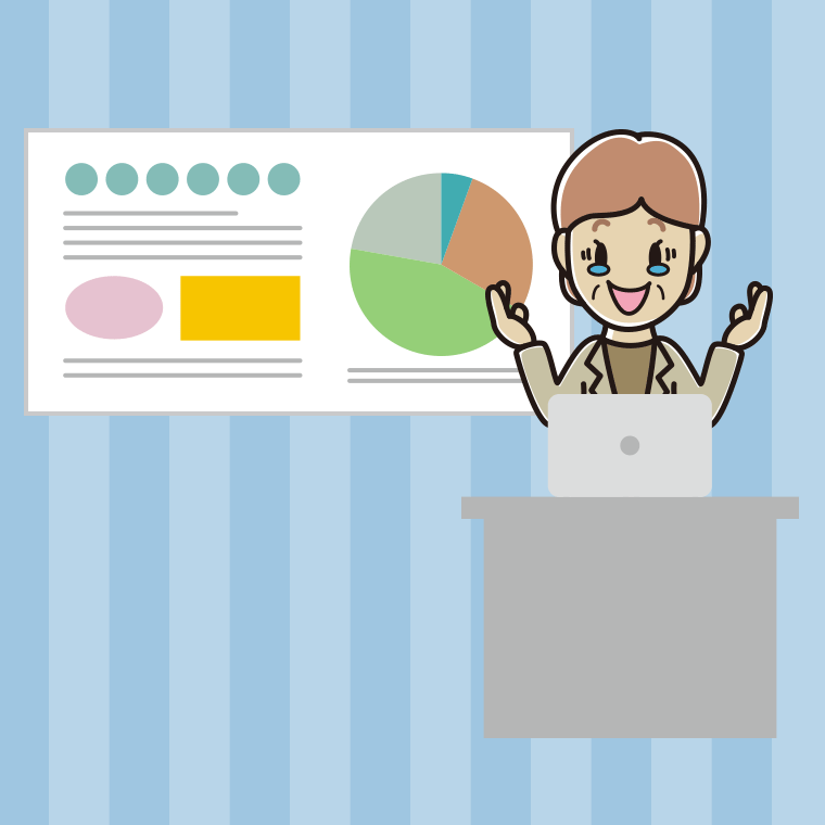 プレゼンでジーンとする年配女性会社員（カジュアル）のイラスト【色、背景あり】PNG