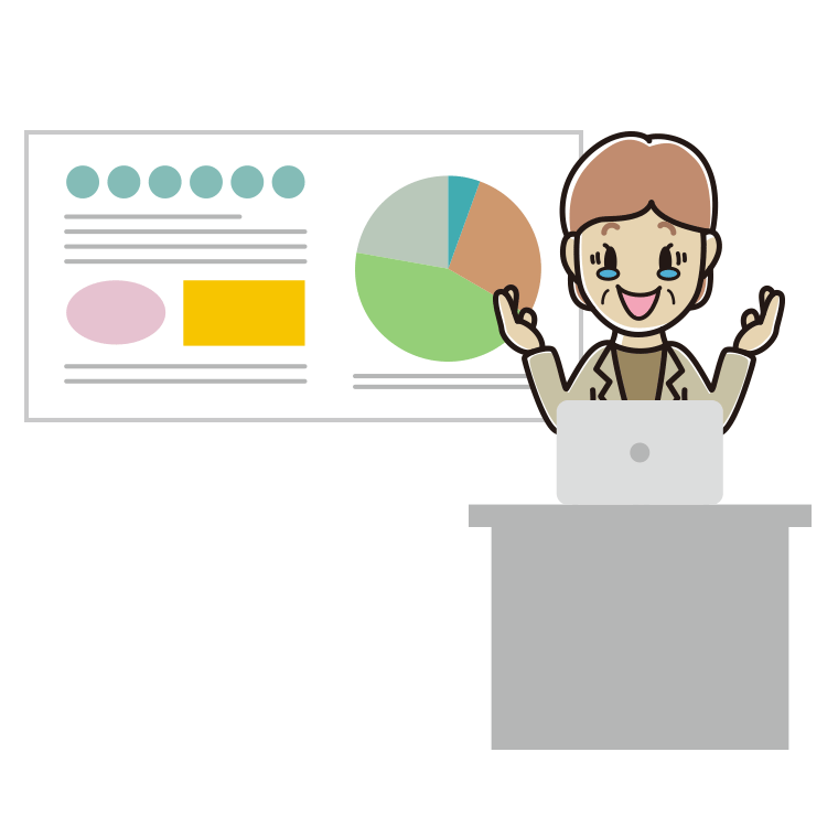 プレゼンでジーンとする年配女性会社員（カジュアル）のイラスト【色あり、背景なし】透過PNG