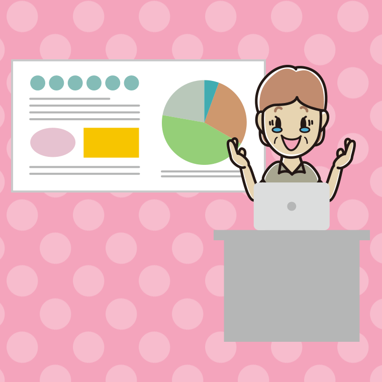 プレゼンでジーンとする年配女性会社員（クールビズ）のイラスト【色、背景あり】PNG